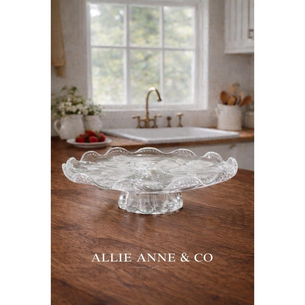 Glass Cake Stand with Pedestal, Vintage Etched Floral Serving Plate, Scalloped E